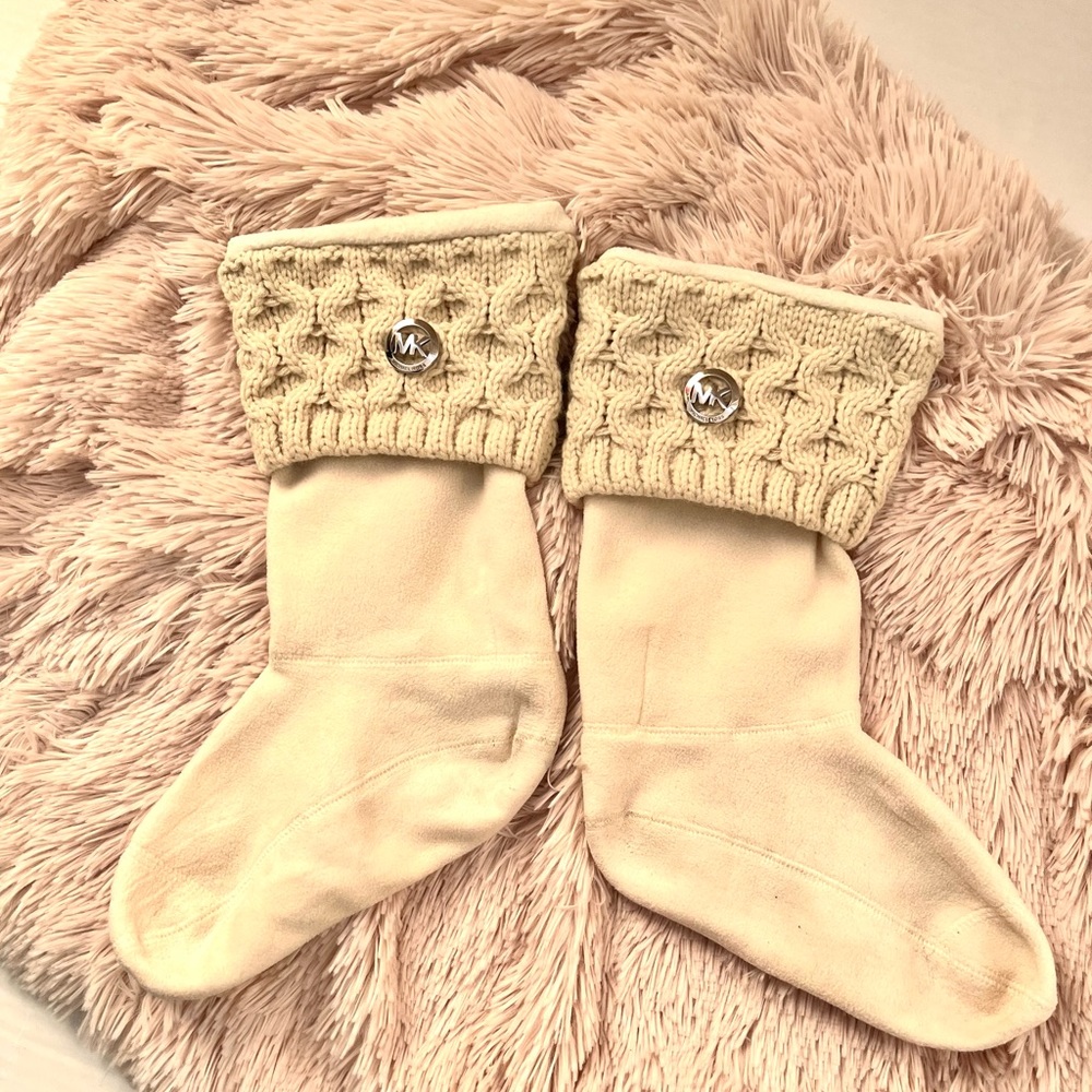 Michael Kors cream rain boot socks with removable MK pin. Size S/M.